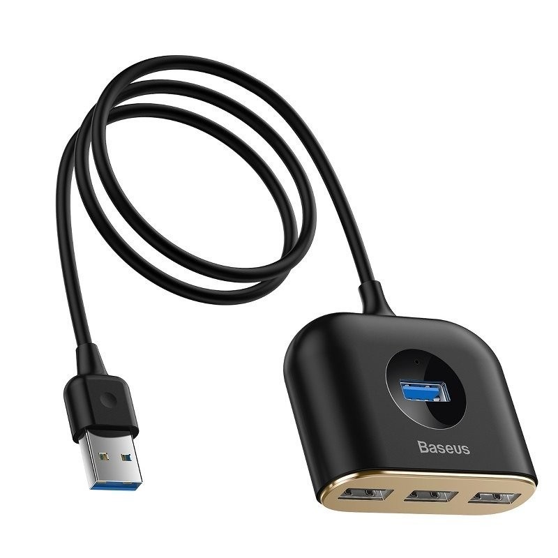 Adapter USB 4w1 Baseus Square Round, HUB USB 3.0 do 1x USB 3.0 + 3x USB 2.0, 1m (black)