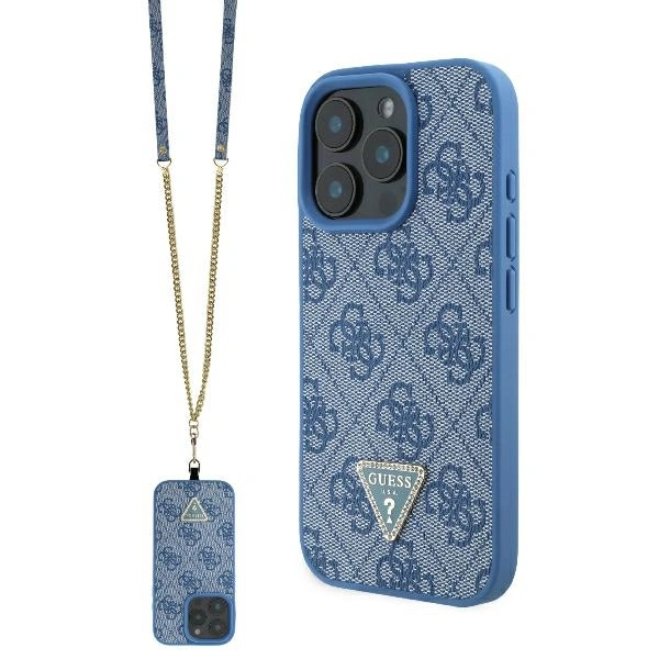 Case Guess GUHCP16LP4TDSCPB Apple iPhone 16 Pro hardcase Leather Metal Logo Strass Crossbody blue