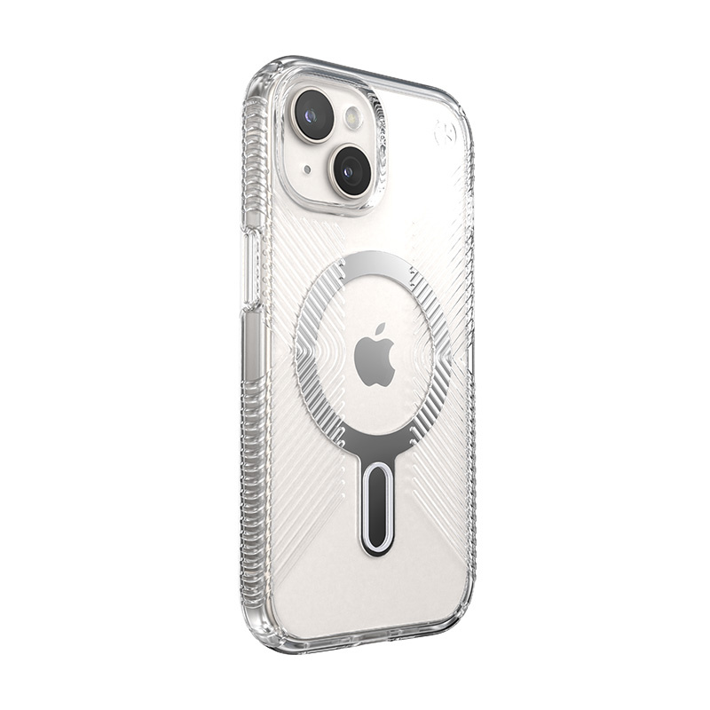 Speck Presidio Perfect-Clear Grip ClickLock MagSafe Apple iPhone 15 (Clear/Chrome Finish/Serene Silver)