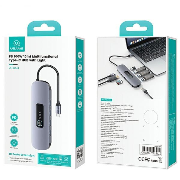 USAMS US-SJ644 HUB 10w1 USB-C / 3xUSB-A 3.0,TF,SD,USB-C,HDMI,RJ45,VGA PD100W tarnish