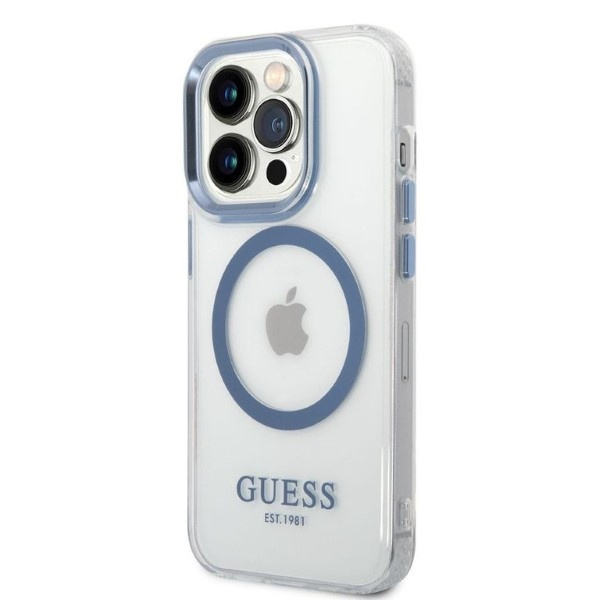 Guess GUHMP14LHTRMB Apple iPhone 14 Pro blue hard case Metal Outline Magsafe