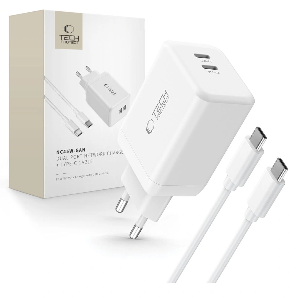 Tech-Protect NC45W-GAN 2xUSB-C Network Charger PD45W + USB-C Cable White