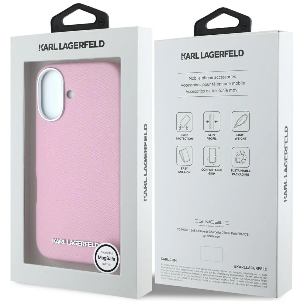 Karl Lagerfeld Saffiano Full Wrapped Elongated Metal Logo MagSafe Apple iPhone 16 pink