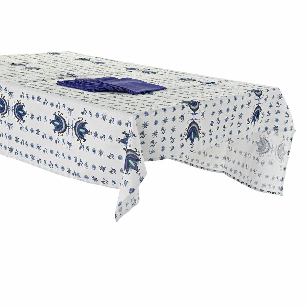 Tablecloth and napkins DKD Home Decor Blue White 150 x 150 x 0,5 cm (2 Units)