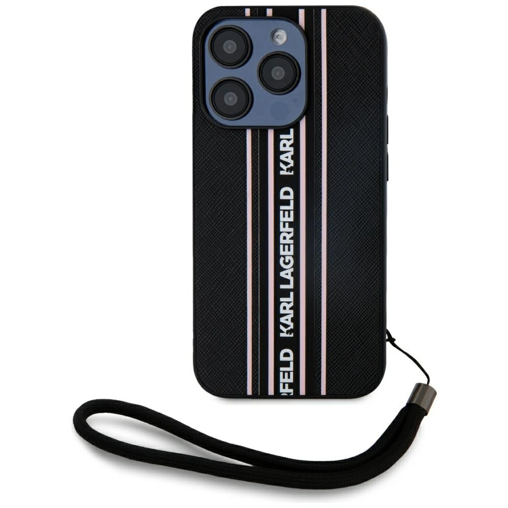Etui Karl Lagerfeld Saffiano Athleisure Stripes Cord do Apple iPhone 15 Pro czarno-różowy