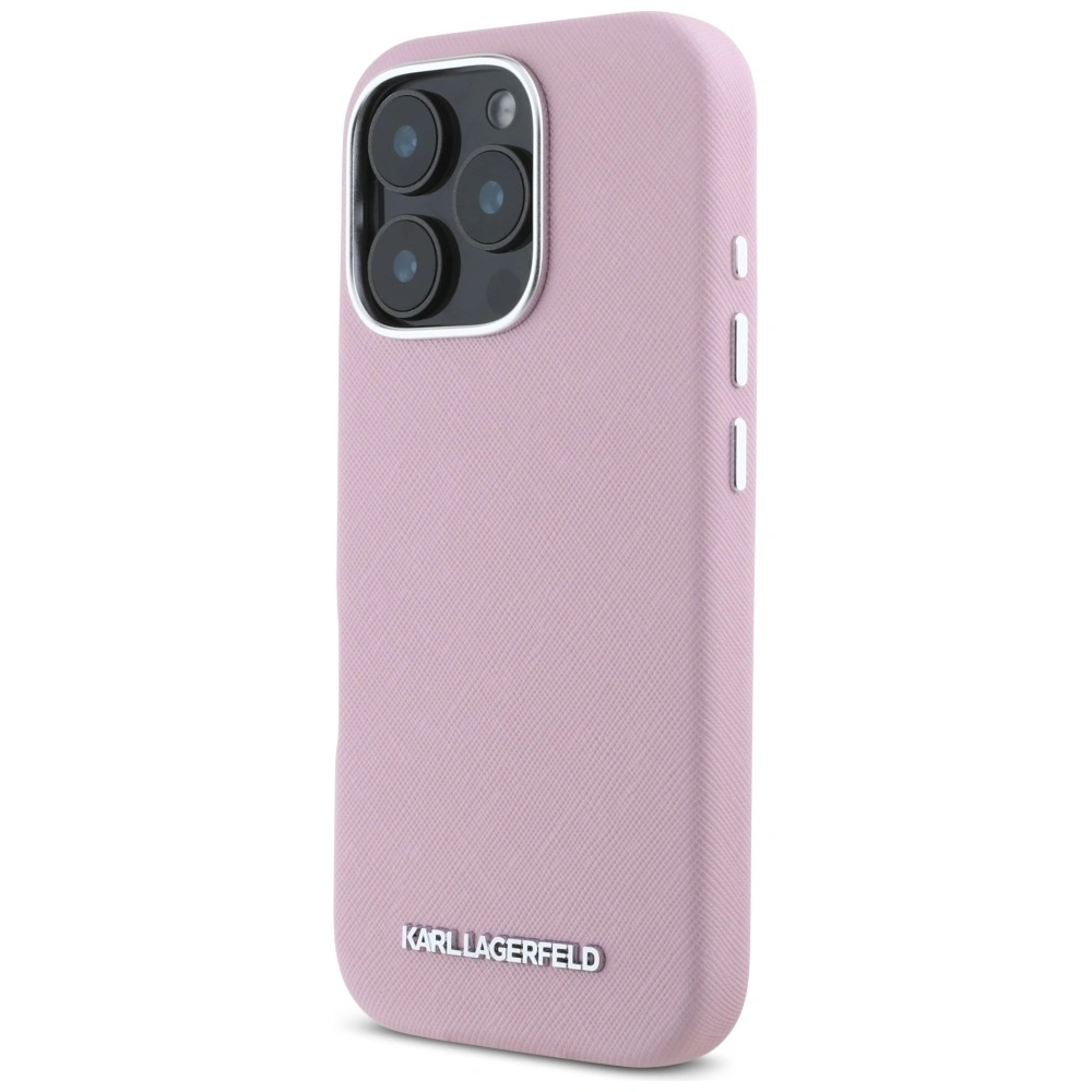 Karl Lagerfeld Saffiano Full Wrapped Elongated Metal Logo MagSafe Apple iPhone 16 Pro Max pink