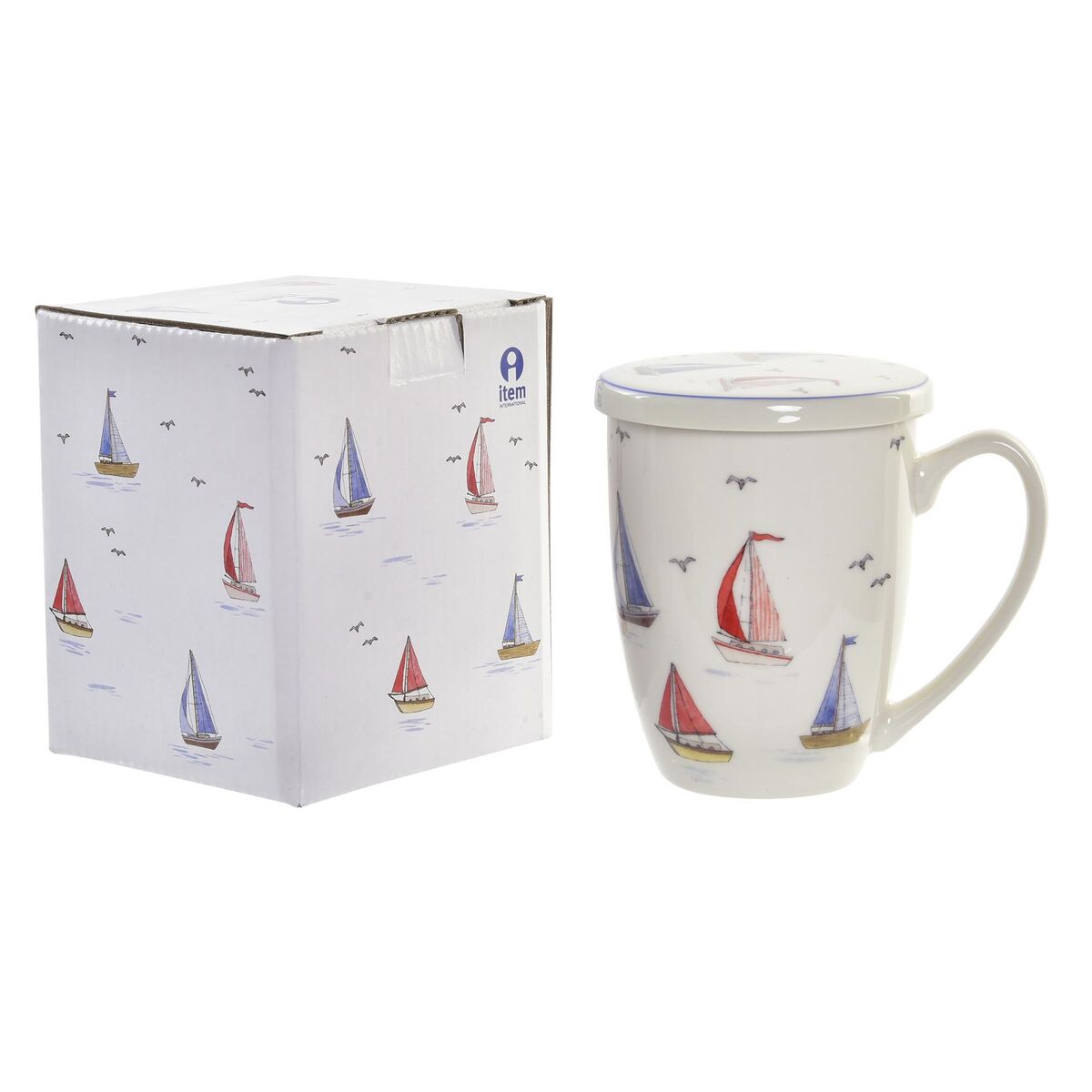 Cup with Tea Filter DKD Home Decor Candle maker Porcelain Yachts Red Blue Stainless steel White 380 ml Mediterranean (1 Unit)