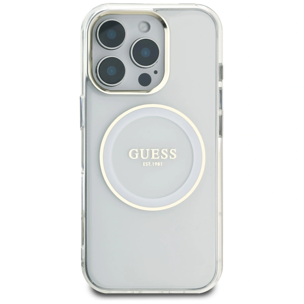 Etui Guess IML Metal Colored Circle Classic Logo MagSafe do Apple iPhone 16 Pro biały