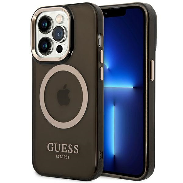 Guess GUHMP14LHTCMK Apple iPhone 14 Pro black hard case Gold Outline Translucent MagSafe