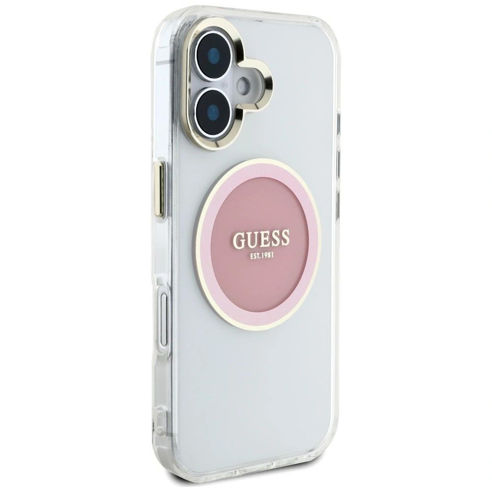 Etui Guess IML Metal Colored Circle Classic Logo MagSafe do Apple iPhone 16 różowy