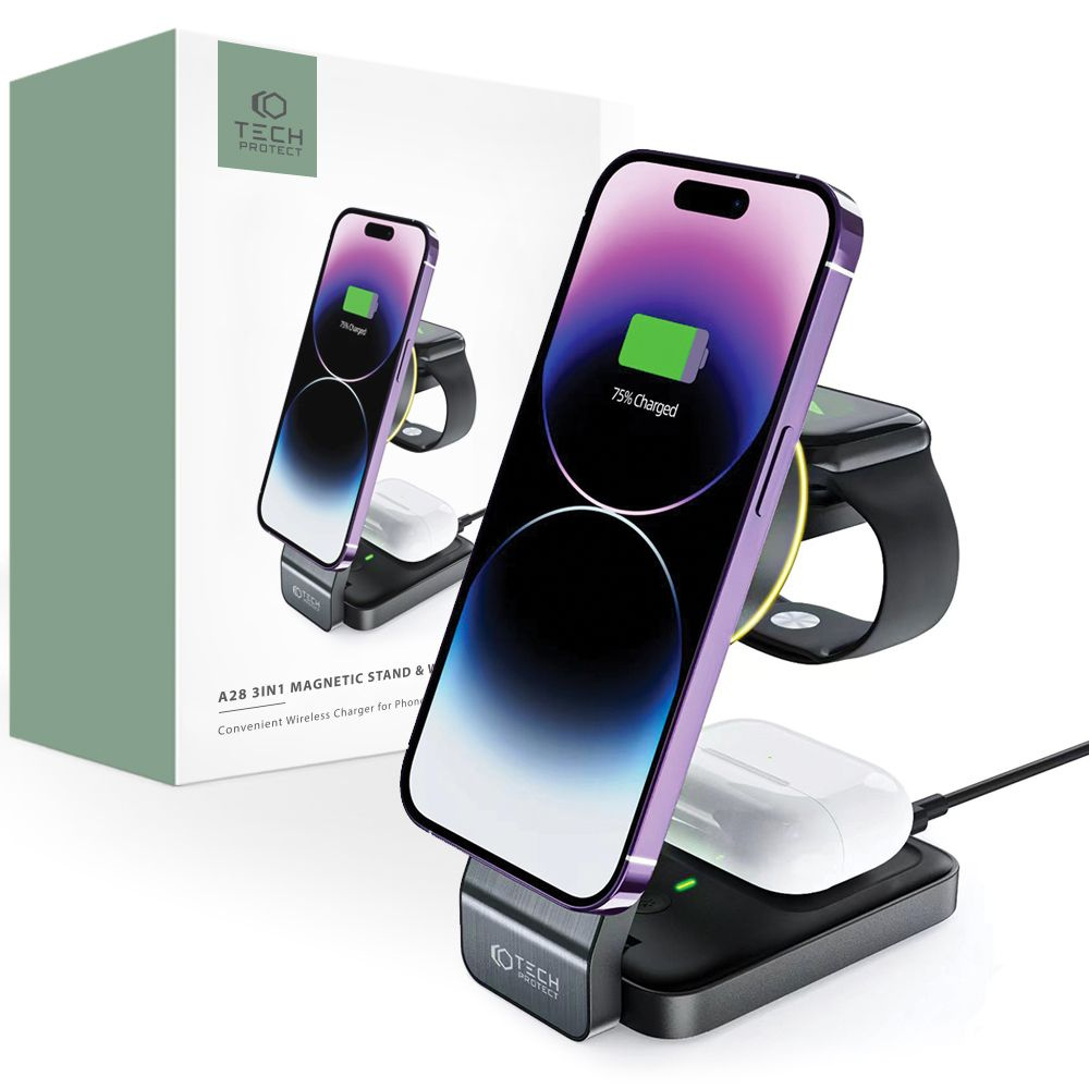 Tech-protect Qi15W-A28 3in1 Magnetic Wireless Charger MagSafe Black
