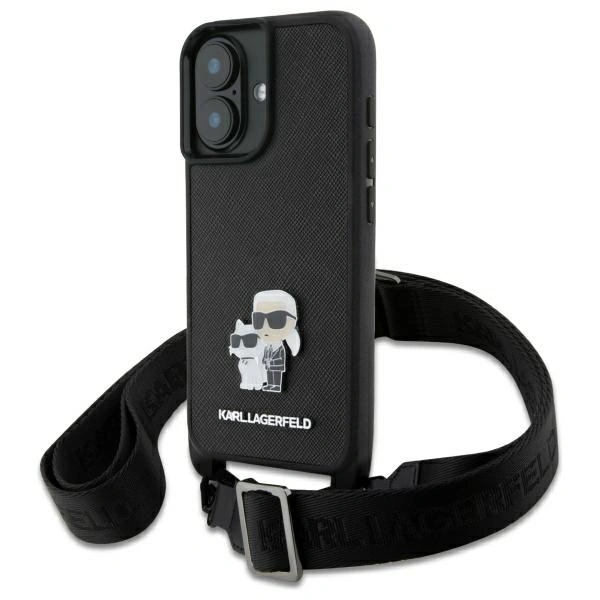 Karl Lagerfeld KLHCP16SSAKCPBK Apple iPhone 16 hardcase Saffiano Karl&Choupette Metal Pin CBDY Strap black