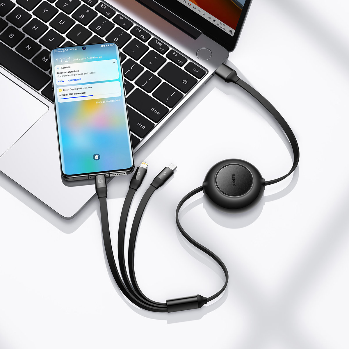 Baseus Bright Mirror 2 retractable cable 3in1 USB Type A - micro USB + Lightning + USB Type C 66W 1.1m black