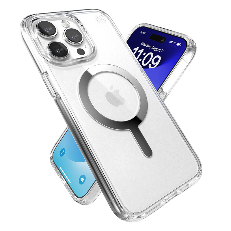 Speck Presidio Perfect-Clear MagSafe Apple iPhone 15 Pro (Clear/Chrome Finish/Serene Silver)