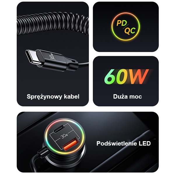 USAMS Car Charger with Spring Cable 2xUSB-C 1xUSB-A C33 60W black CC167CC01 (US-CC167)