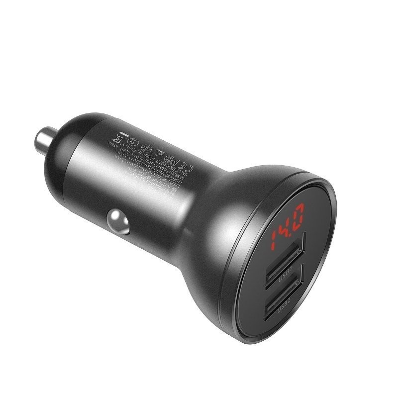 Baseus Digital Display Dual USB 4.8A Car Charger 24W with Three Primary Colors 3-in-1 Cable USB 1.2M Black Suit Grey
