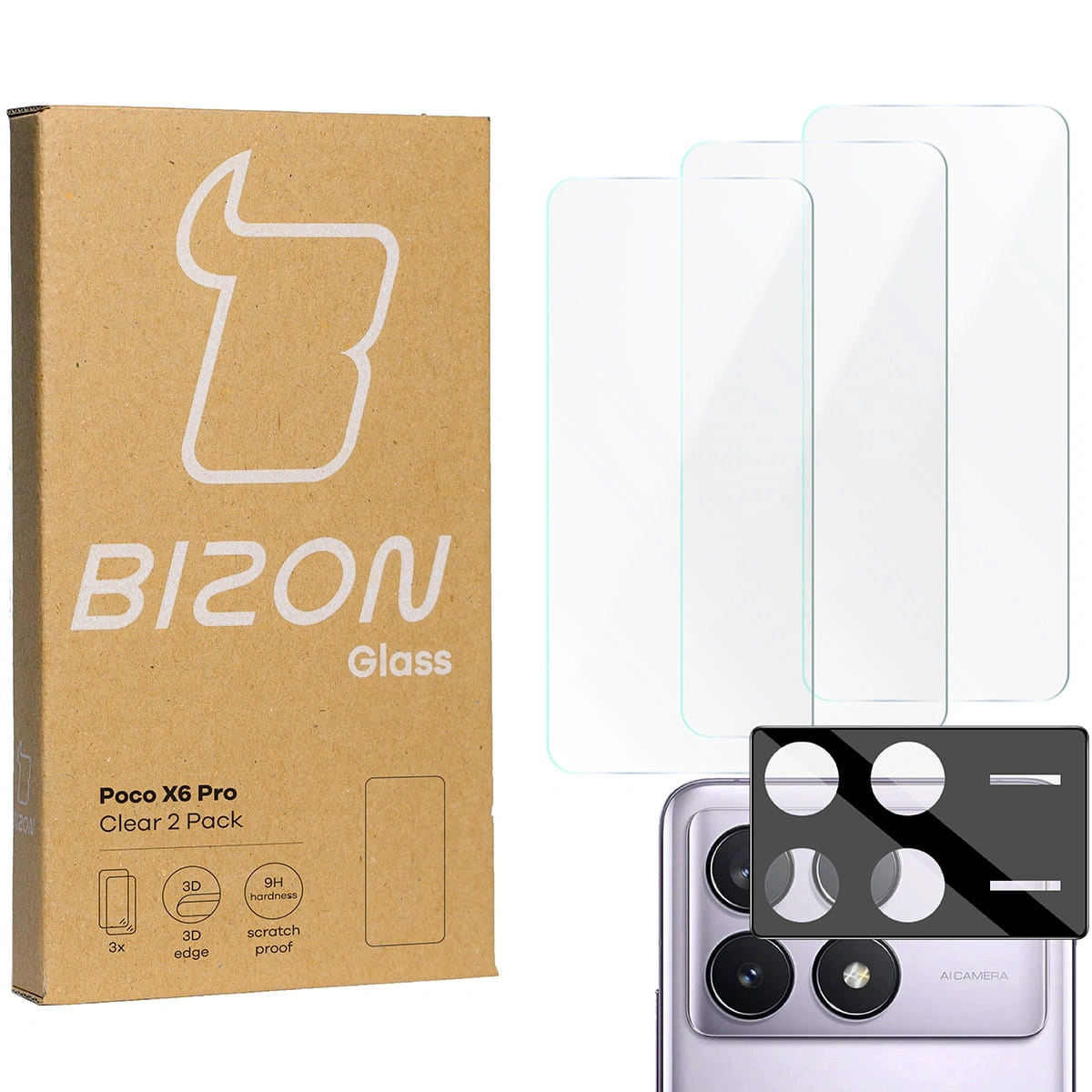 BIZON Clear 3x screen glass + camera glass Xiaomi Poco X6 Pro