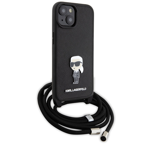 Karl Lagerfeld KLHCP15SSASKNPSK Apple iPhone 15 hardcase Crossbody Saffiano Monogram Metal Pin Karl & Choupette black