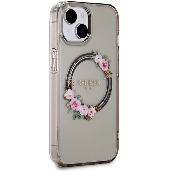 Guess GUHMP15SHFWFCK Apple iPhone 15 / 14 / 13 hardcase IML Flowers Wreatch MagSafe black