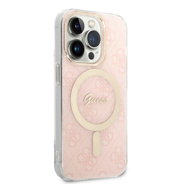 Guess GUBPP14LH4EACSP Case + Wireless Charger Apple iPhone 14 Pro pink hard case 4G Print MagSafe