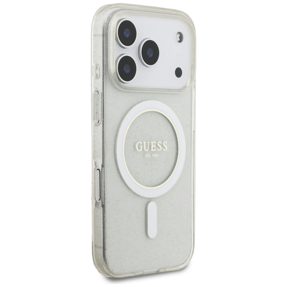 Etui Guess IML Glitter Pearl Strap MagSafe do Apple iPhone 17 Pro przezroczysty