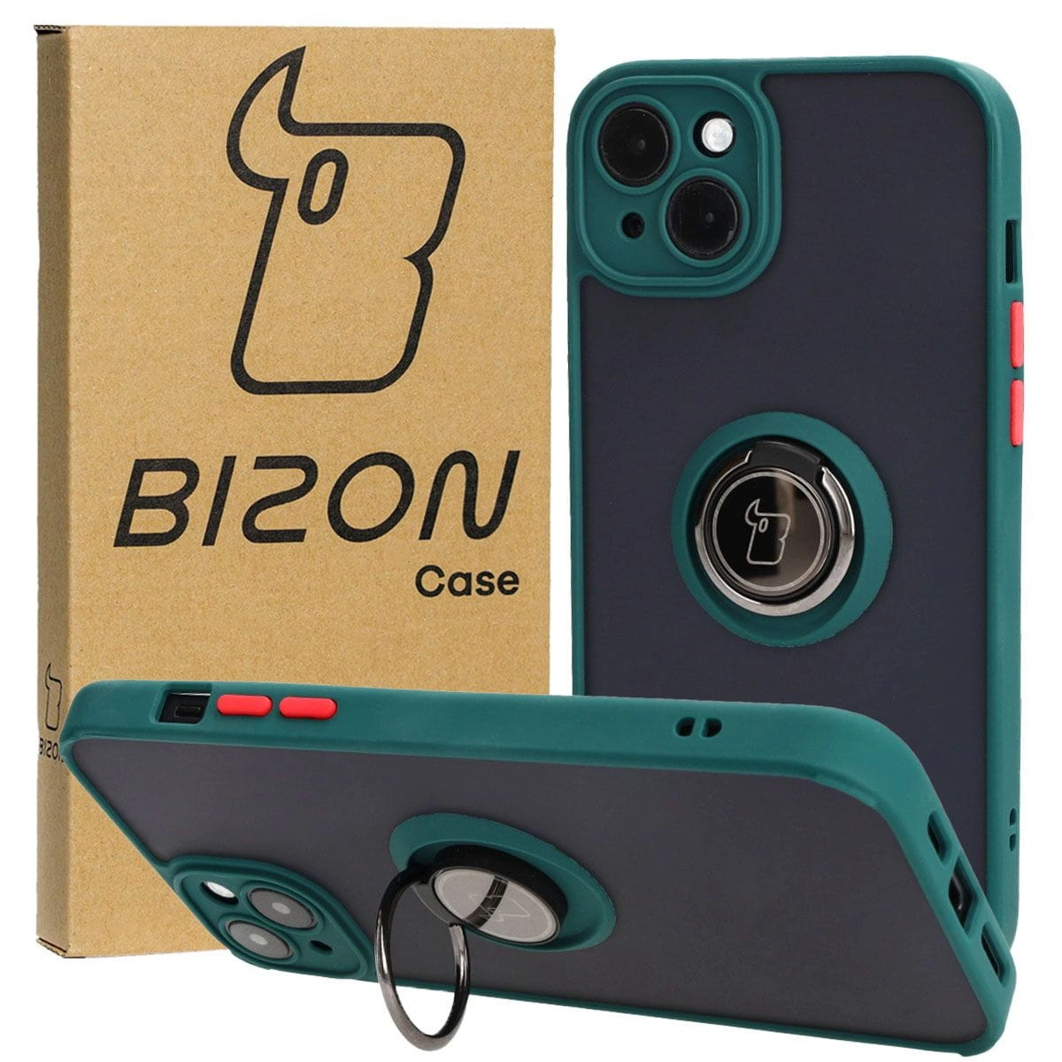 Bizon Case Hybrid Ring Apple iPhone 15 Plus smoky with a dark green frame