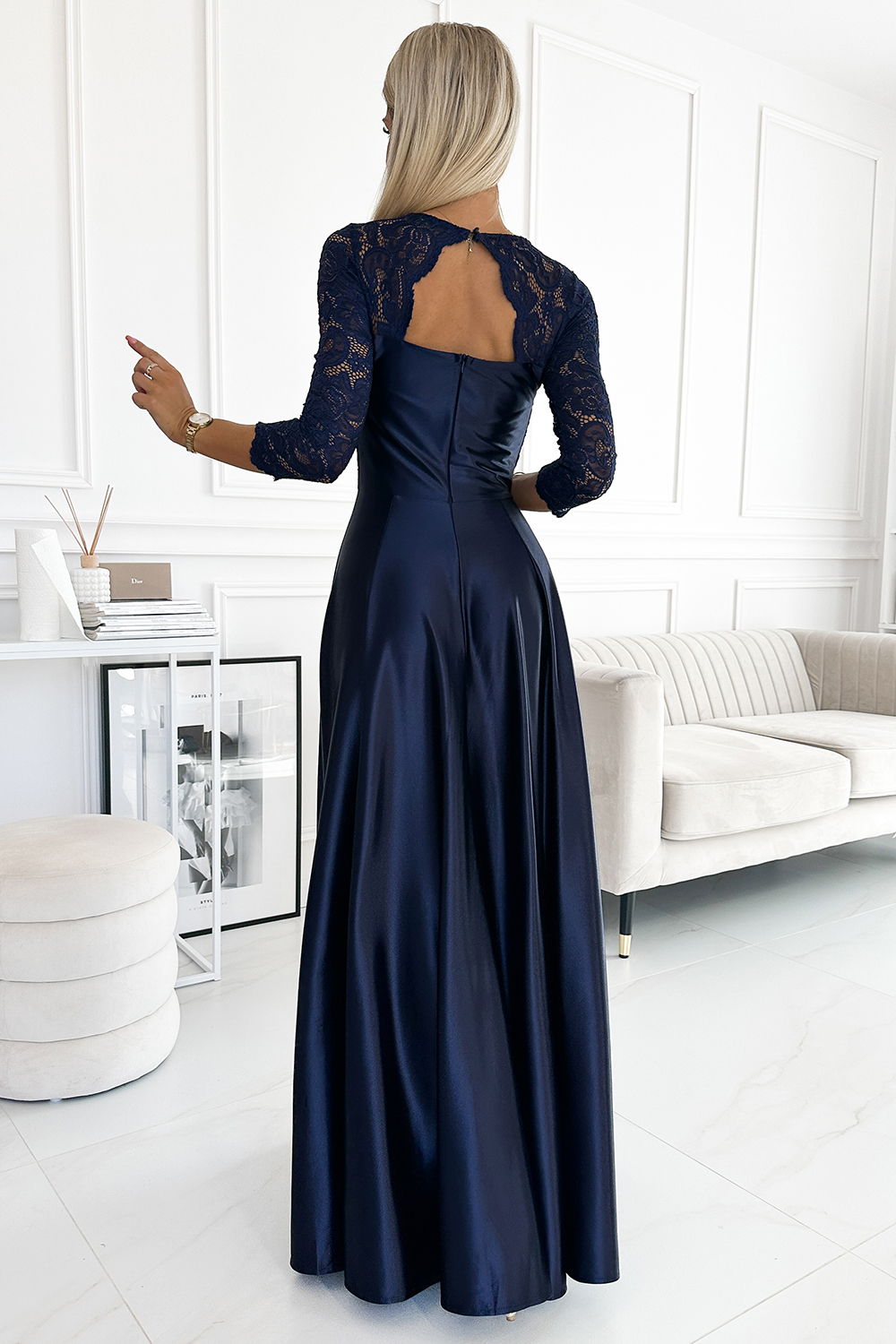  Dress Sukienka Model Amber 309-7 Navy Satyna - Numoco  navy blue