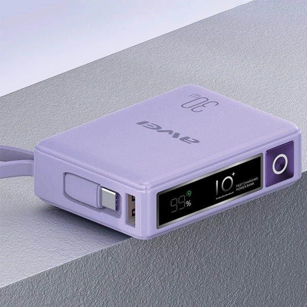 AWEI P87K 10000mAh 30W powerbank with built-in USB-C cable black 