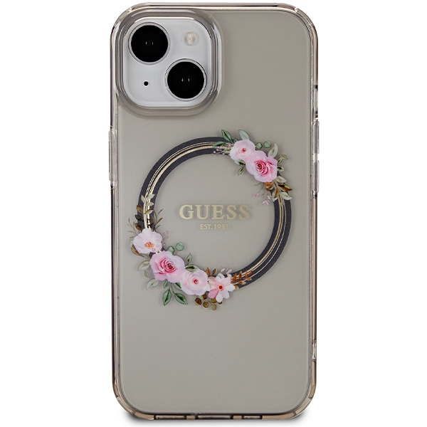 Guess GUHMP15SHFWFCK Apple iPhone 15 / 14 / 13 hardcase IML Flowers Wreatch MagSafe black