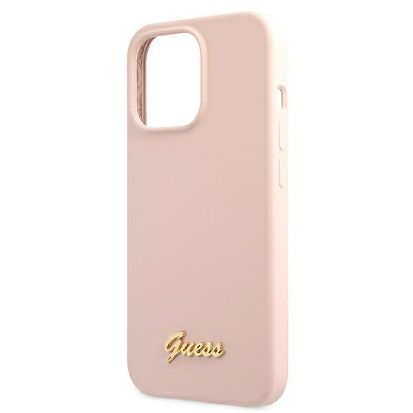 Guess GUHMP13XLSLMGLP Apple iPhone 13 Pro Max light pink hardcase Silicone Script Gold Logo Magsafe