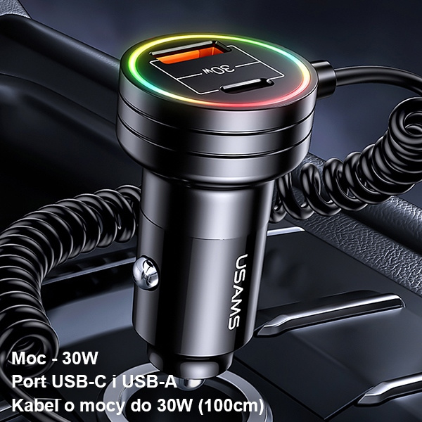USAMS Car Charger with Spring Cable 2xUSB-C 1xUSB-A C33 60W black CC167CC01 (US-CC167)