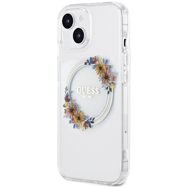 Guess GUHMP15SHFWFCT Apple iPhone 15 / 14 hardcase IML Flowers Wreatch MagSafe transparent