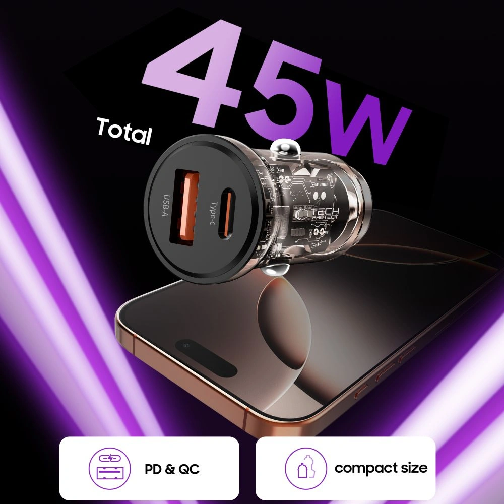 Tech-Protect CC01 2-port Car Charger USB-A, USB-C PD 45W / QC 3.0 Black