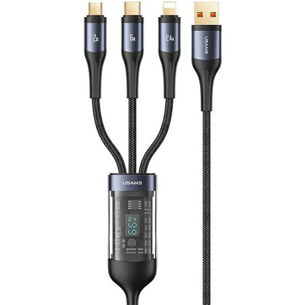 USAMS US-SJ582 USB-A / Lightning / microUSB / USB-C 3in1 cable 66W 1,2m black
