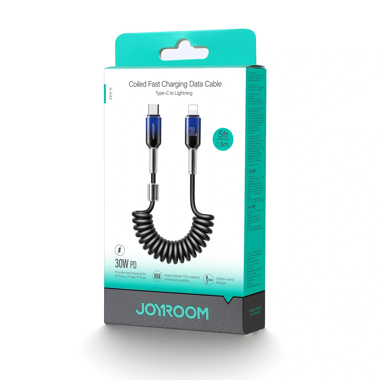 Joyroom S-A43 Crystal-Clear Series 30W spiral cable USB-C / Lightning 1.5m black