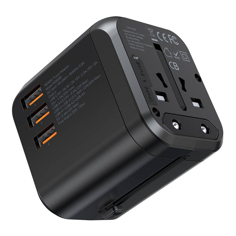 Choetech PD5008 travel charger 3xUSB-A, 1xUSB-C, GaN, 30W, US/EU/UK/AU (black)