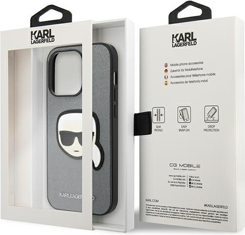Karl Lagerfeld KLHCP14XSAPKHG Apple iPhone 14 Pro Max silver hardcase Saffiano Karl`s Head Patch