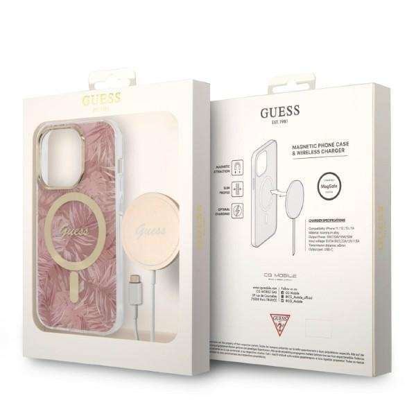 Guess GUBPP14LHJEACSP Case + Wireless Charger Apple iPhone 14 Pro pink hard case Jungle MagSafe