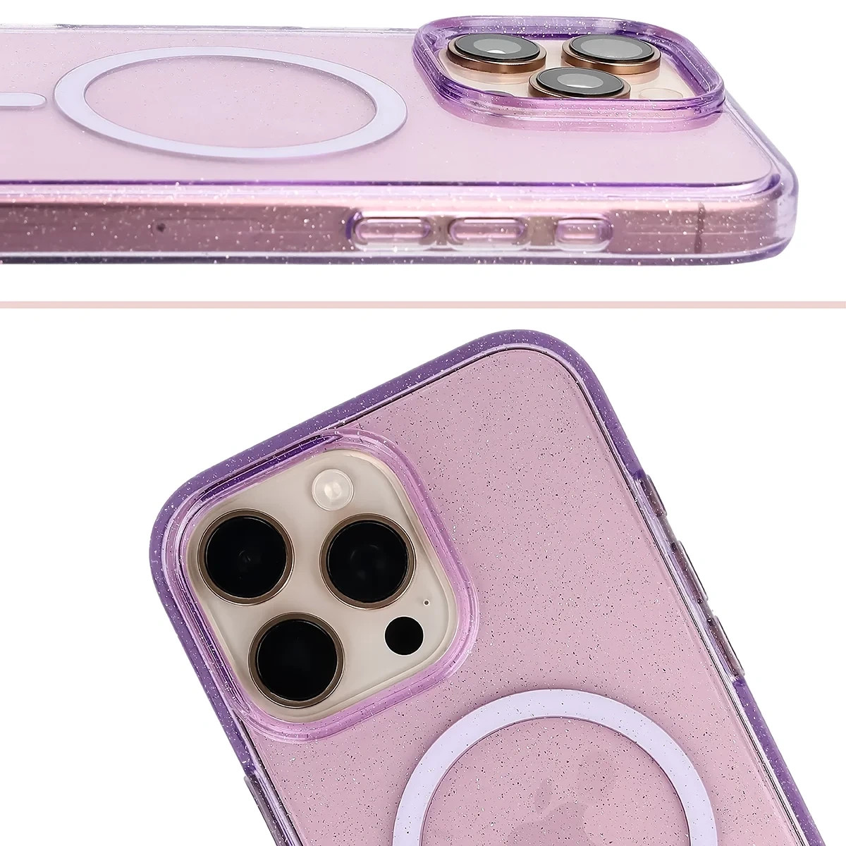 Etui brokatowe z pierścieniem magnetycznym Bizon Case SparklO do Apple iPhone 16 Pro Max, przezroczysto-fioletowe z brokatem