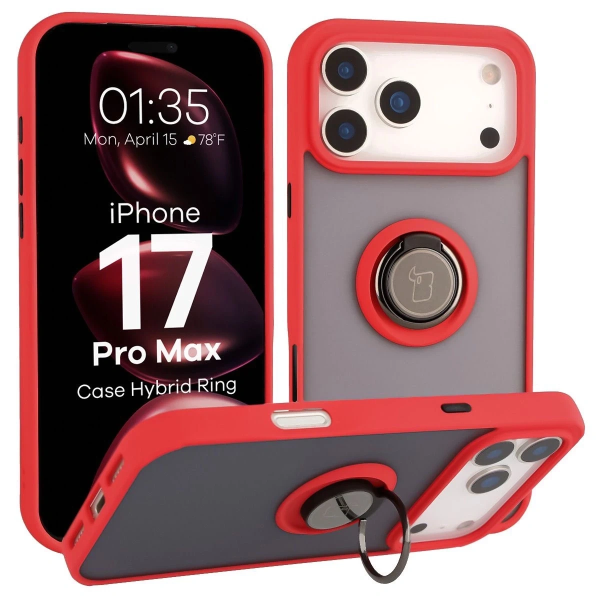 Etui z uchwytem na palec Bizon Case Hybrid Ring do Apple iPhone 17 Pro Max przydymione z czerwoną ramką