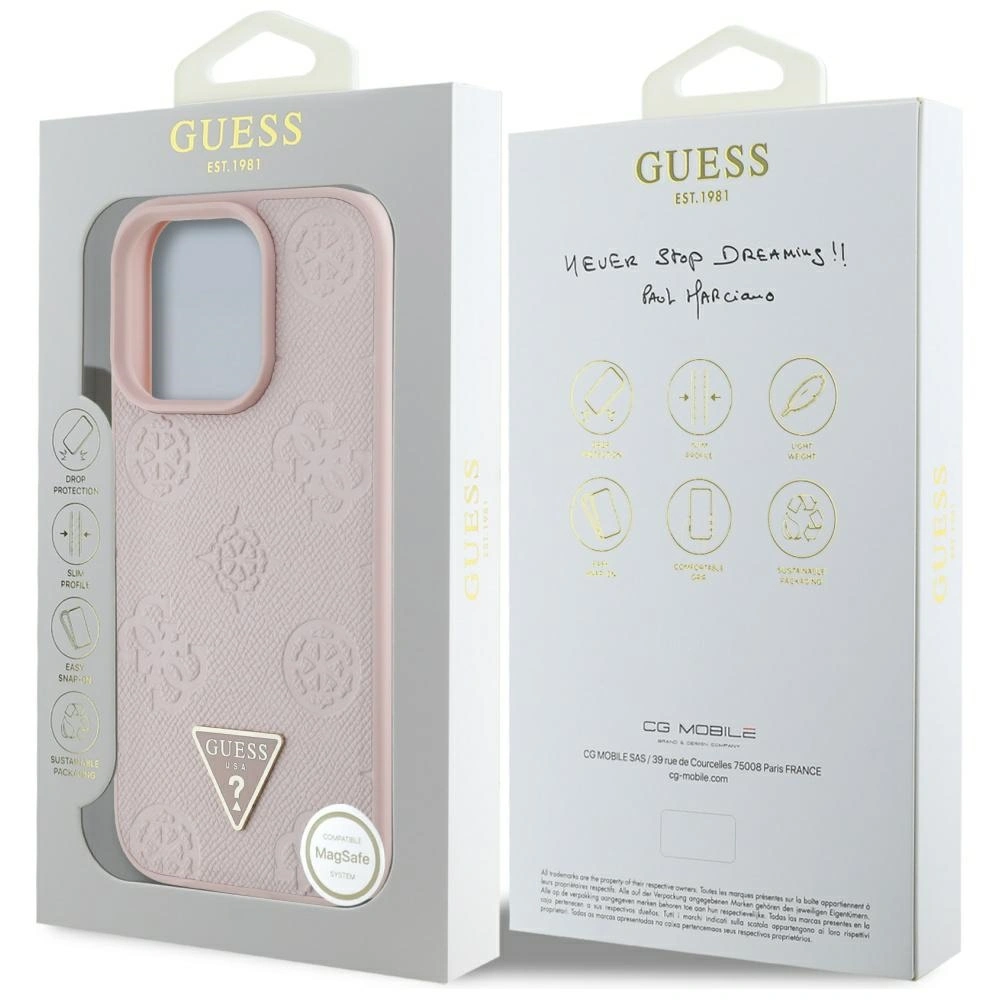 Etui Guess Grained Hot Stamp Peony Triangle Logo MagSafe do Apple iPhone 16 Pro różowy