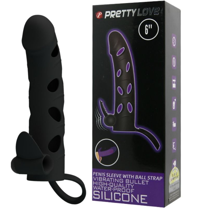 PRETTY LOVE VIBRATING SILICONE PENIS SLEEVE WITH BALL STRAPS 15.2 CM