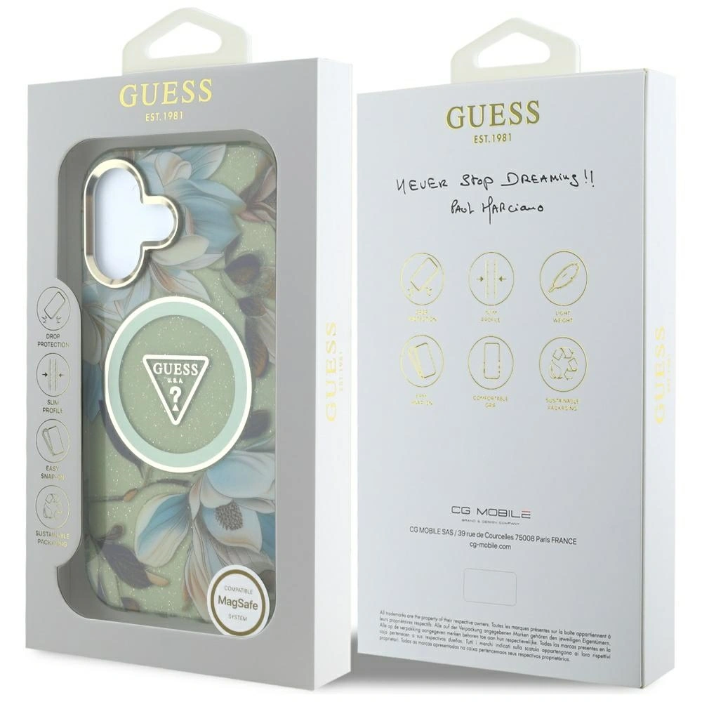Guess Glitter Flowers Triangle Buttons MagSafe Apple iPhone 16 green