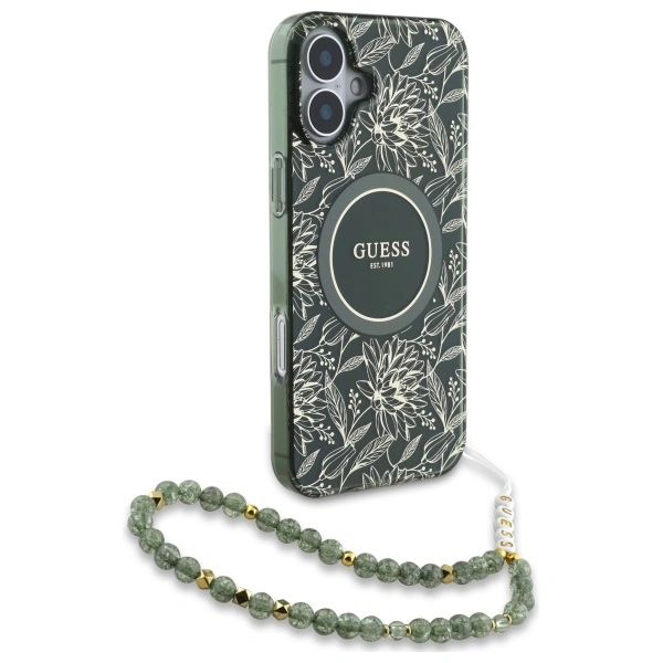 Guess GUHMP16SHCPOFPA Apple iPhone 16 hardcase IML Flowers Allover Electro With Pearl Strap MagSafe green