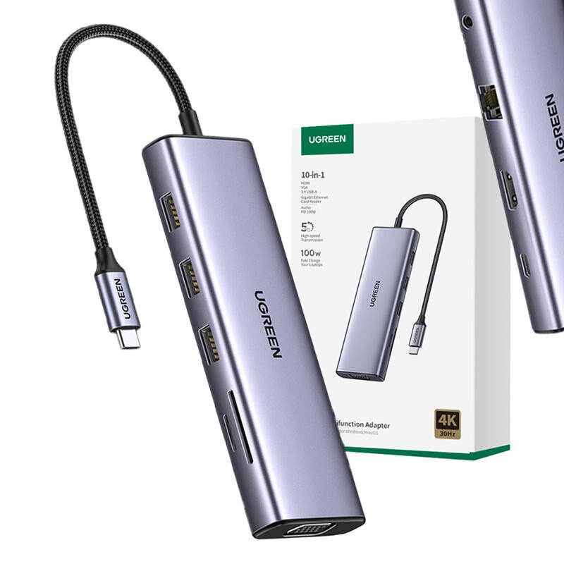 UGREEN CM498 10in1 adapter USB-C / 3xUSB-A 3.0, HDMI, VGA, RJ45, SD/TF, AUX3.5mm, PD