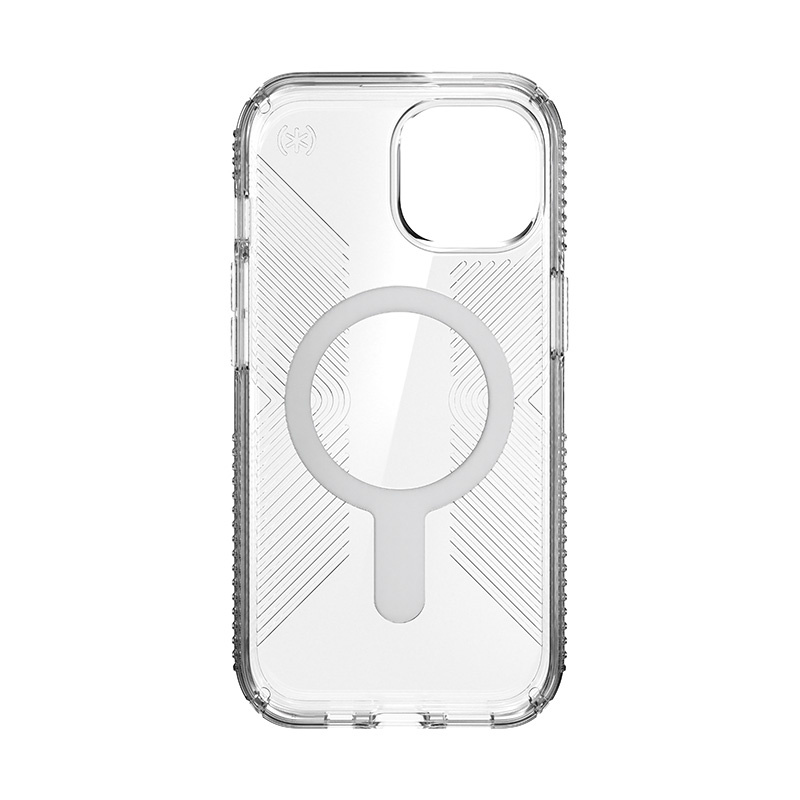 Speck Presidio Perfect-Clear Grip ClickLock MagSafe Apple iPhone 15 (Clear/Chrome Finish/Serene Silver)
