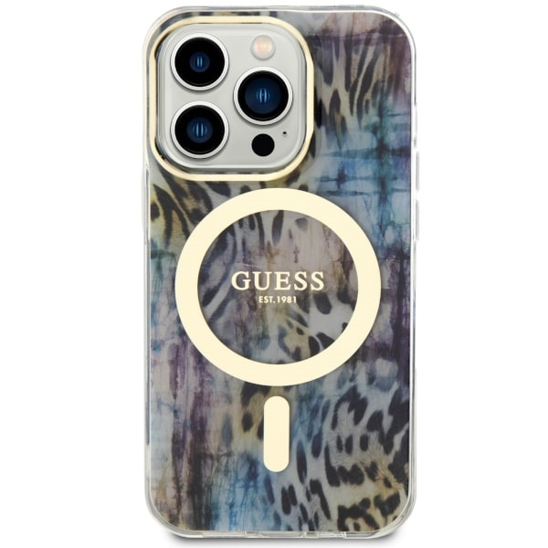 Guess GUHMP14LHLEOPWB Apple iPhone 14 Pro blue hardcase Leopard MagSafe