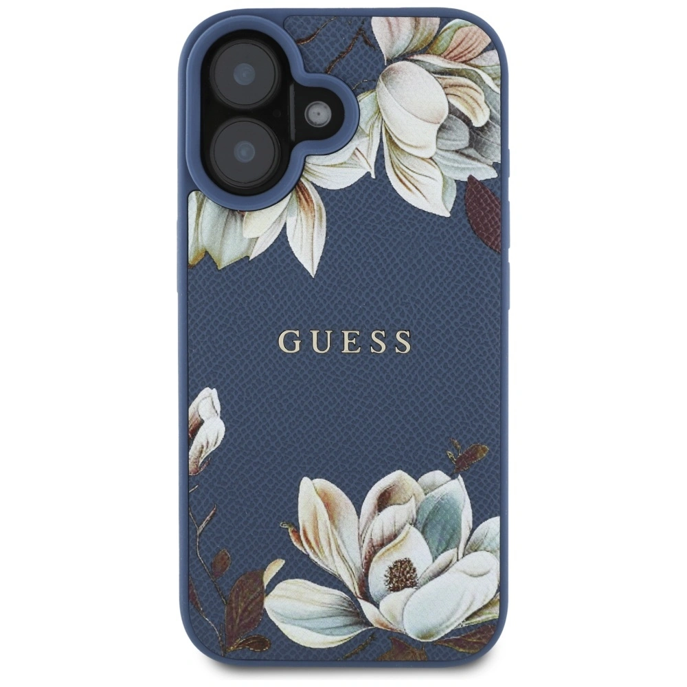 Guess Grained Printed Flower Pattern MagSafe Apple iPhone 16 blue