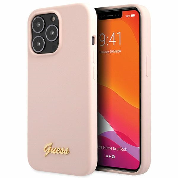 Guess GUHCP13XLSLMGLP Apple iPhone 13 Pro Max light pink hardcase Silicone Script Gold Logo