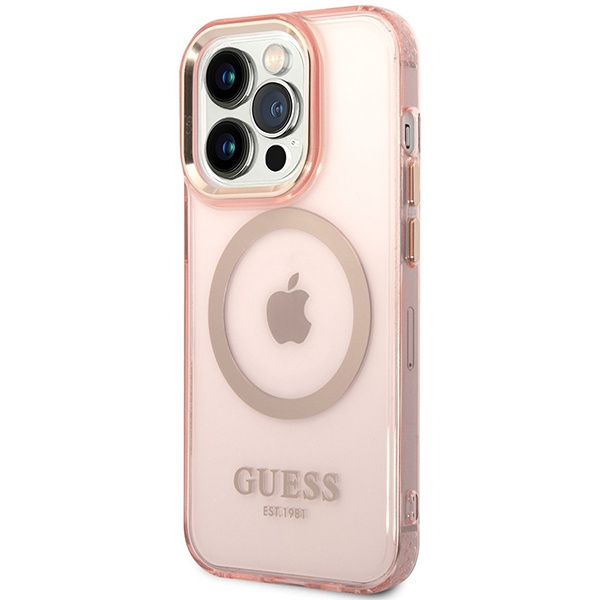 Guess GUHMP14XHTCMP Apple iPhone 14 Pro Max pink hard case Gold Outline Translucent MagSafe